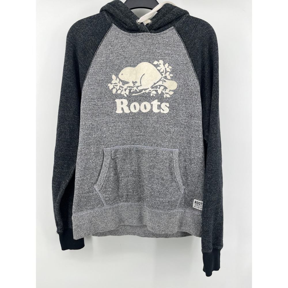 Roots Canada Salt and Pepper Raglan Hoodie Grey Charcoal Beaver Logo Small